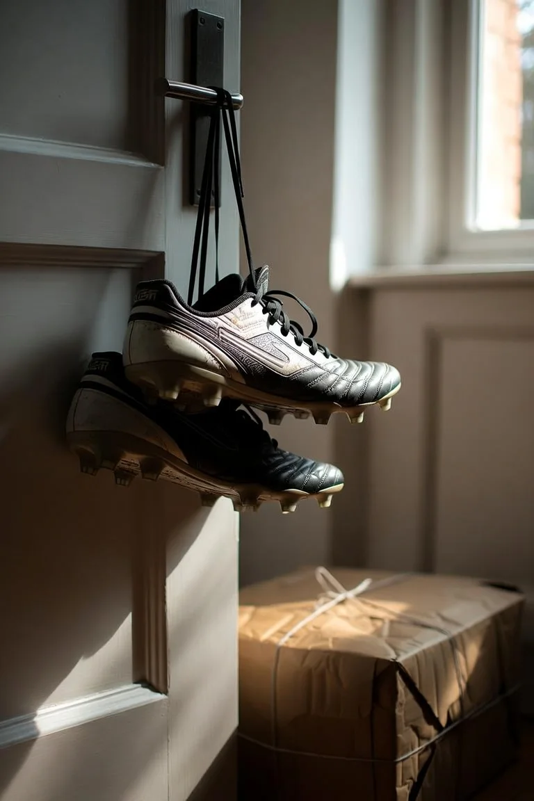 A pair of football boots hanging by their laces from a door handle, a wrapped parcel below
