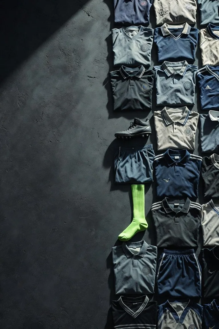Folded secondhand sportswear laid out on dark concrete, one volt green football sock in the middle