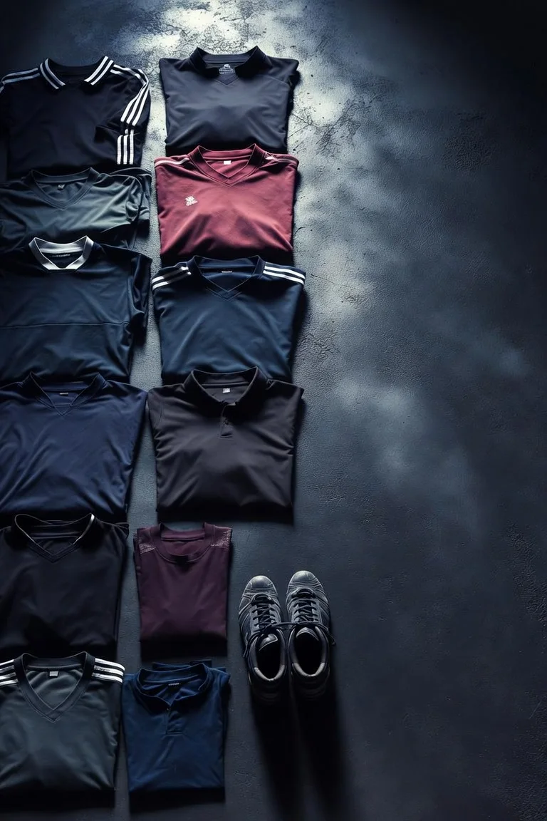 Rows of folded sports shirts on dark concrete with one volt green sock